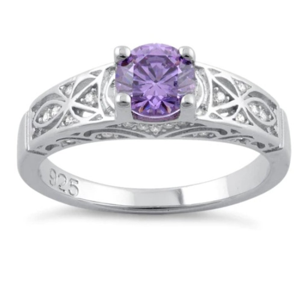 925 STERLING SILVER Round Cut Simulated Amethyst Cubic Zirconia Ring - Picture 16 of 16